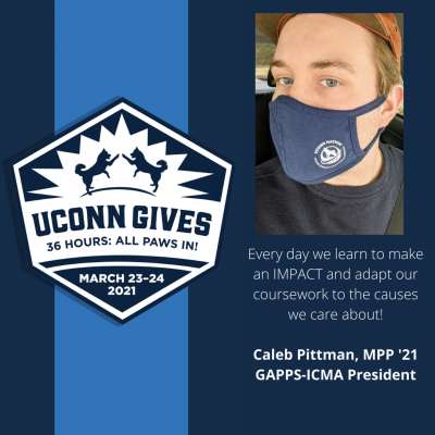 UConn Gives Logo and quote from Pittman: Every day we learn to make an IMPACT and adapt our coursework to the causes we care about!