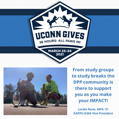 UConn gives logo and Rene quote: From study groups to study breaks the DPP community is there to support you as you make your IMPACT!