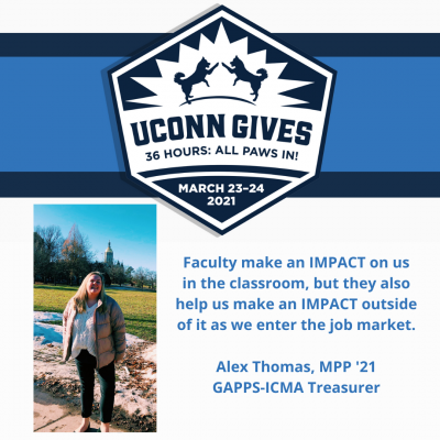 uconn gives logo and thomas quote: Faculty make an IMPACT on us in the classroom, but they also help us make an IMPACT outside of it as we enter the job market.