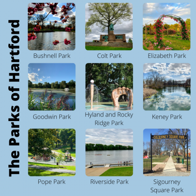 The Parks of Hartford, pictures of Bushnell Park, Colt Park, Elizabeth Park, Goodwin Park, Hyland and Rocky Ridge Park, Keney Park, Pope Park, Riverside Park, Sigourney Square Park