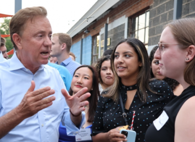 Governor Ned Lamont talking with constituents 